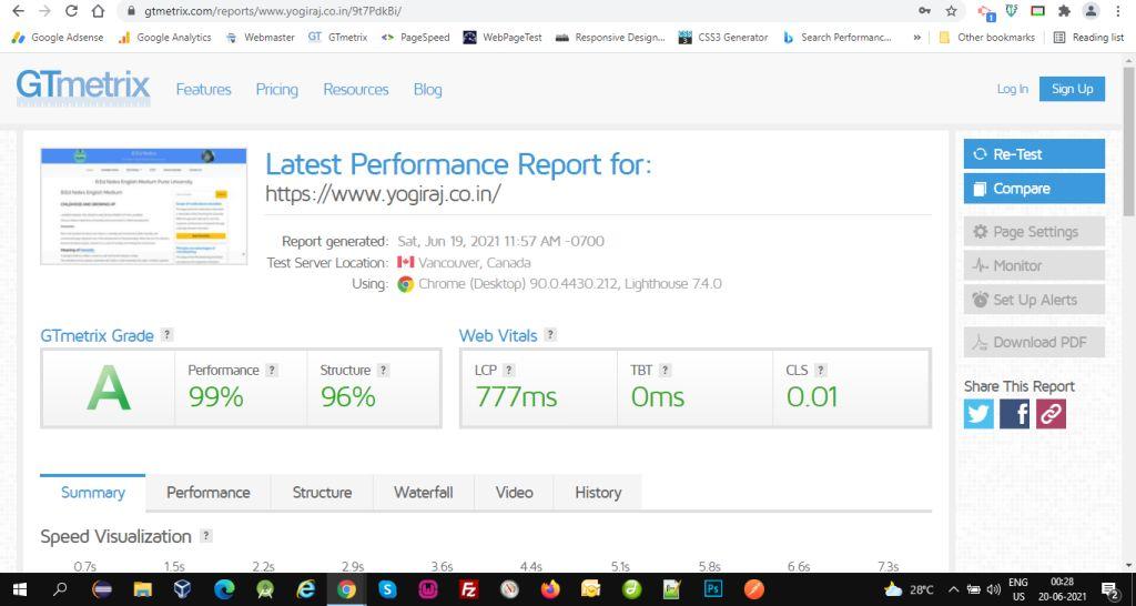 gtmetrix report of yogiraj.co.in in green A+ scores