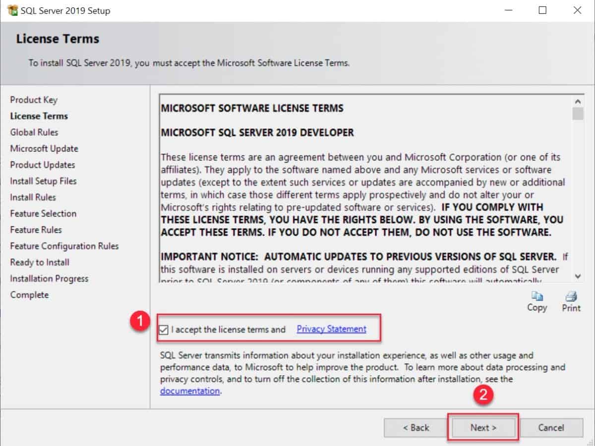 SQL Server installation - Accept the license terms