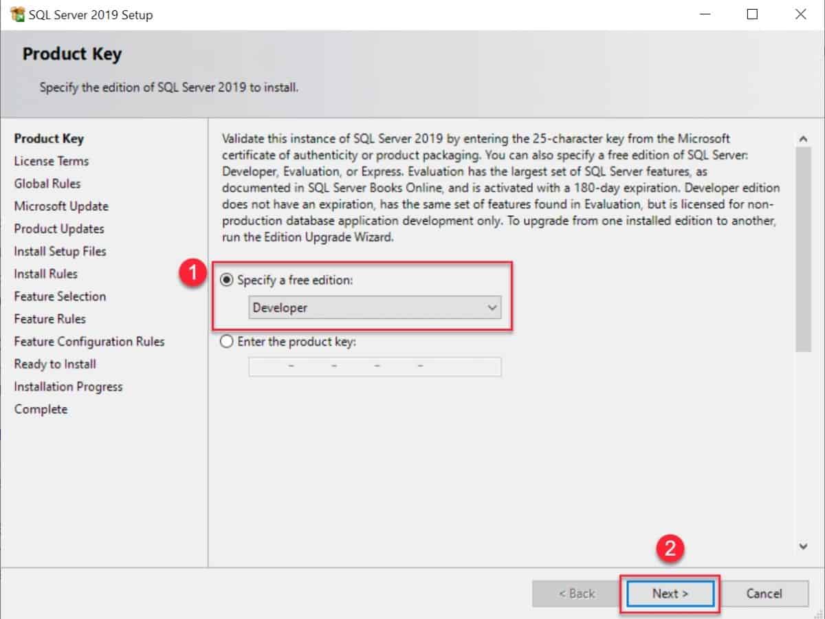 SQL Server installation - Select Developer edition