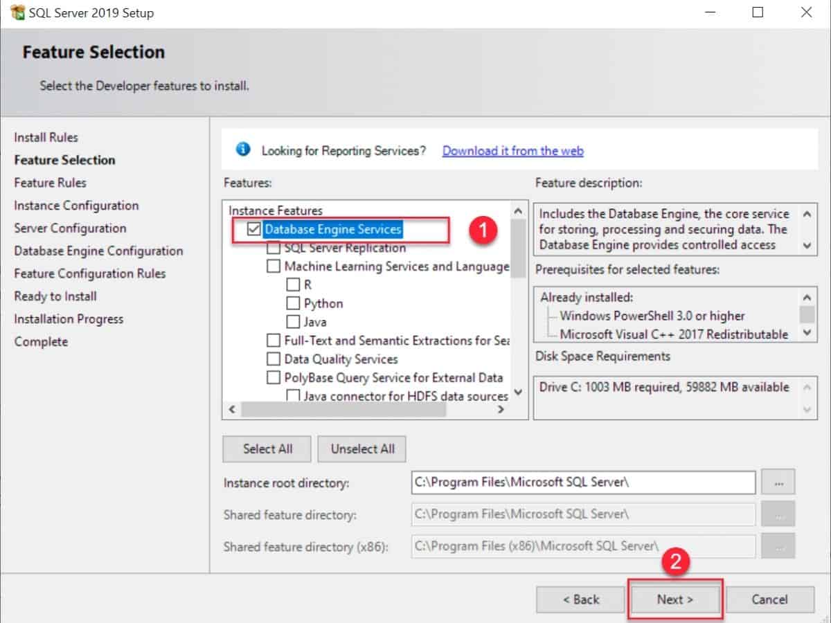 SQL Server installation - Select features that you want to include in installation