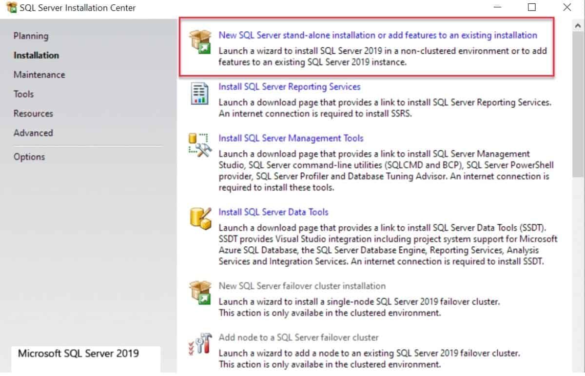 SQL Server installation - Select new SQL Server standalone installation or add features to existing installation