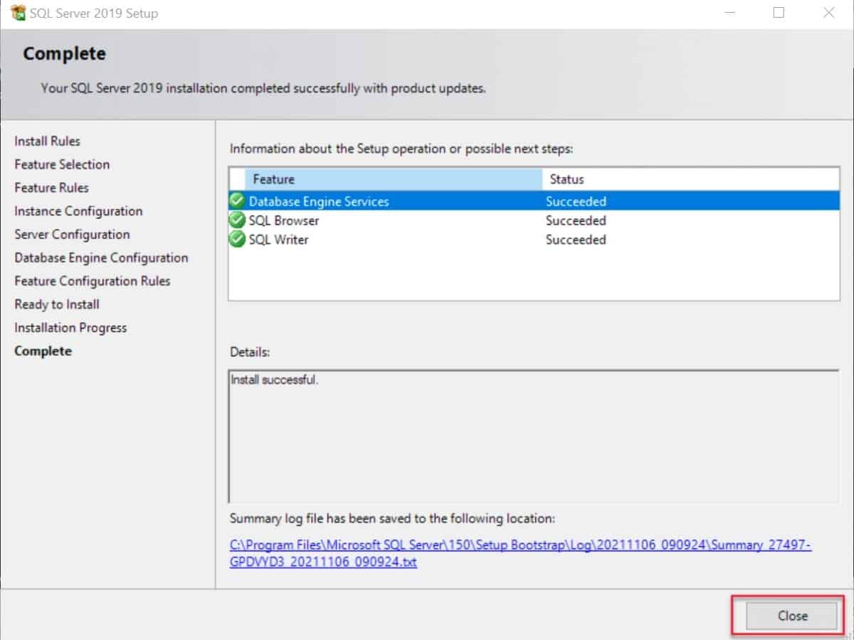 SQL Server installation - Success message when installation completes