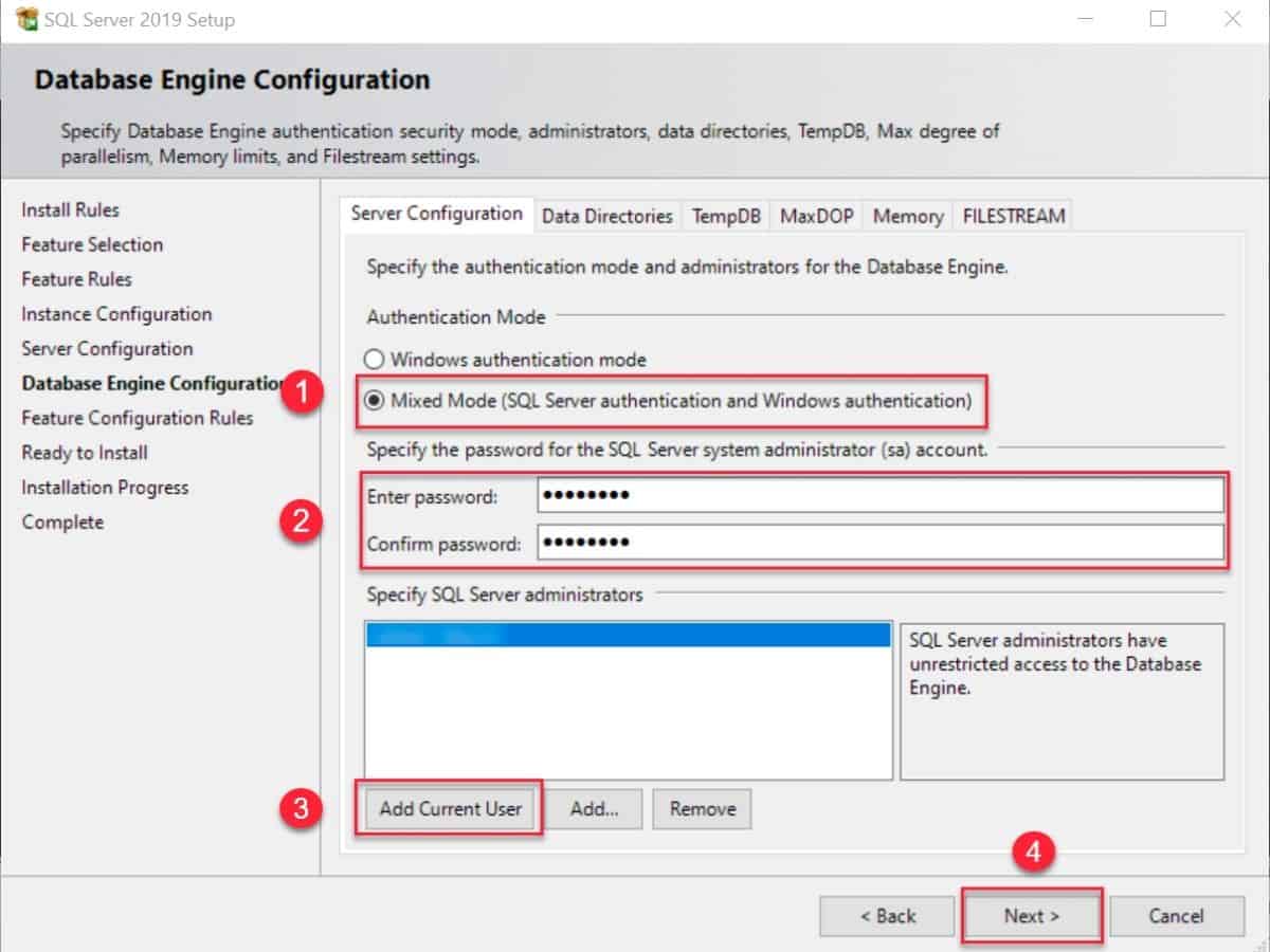 SQL Server installation - System administration account setup