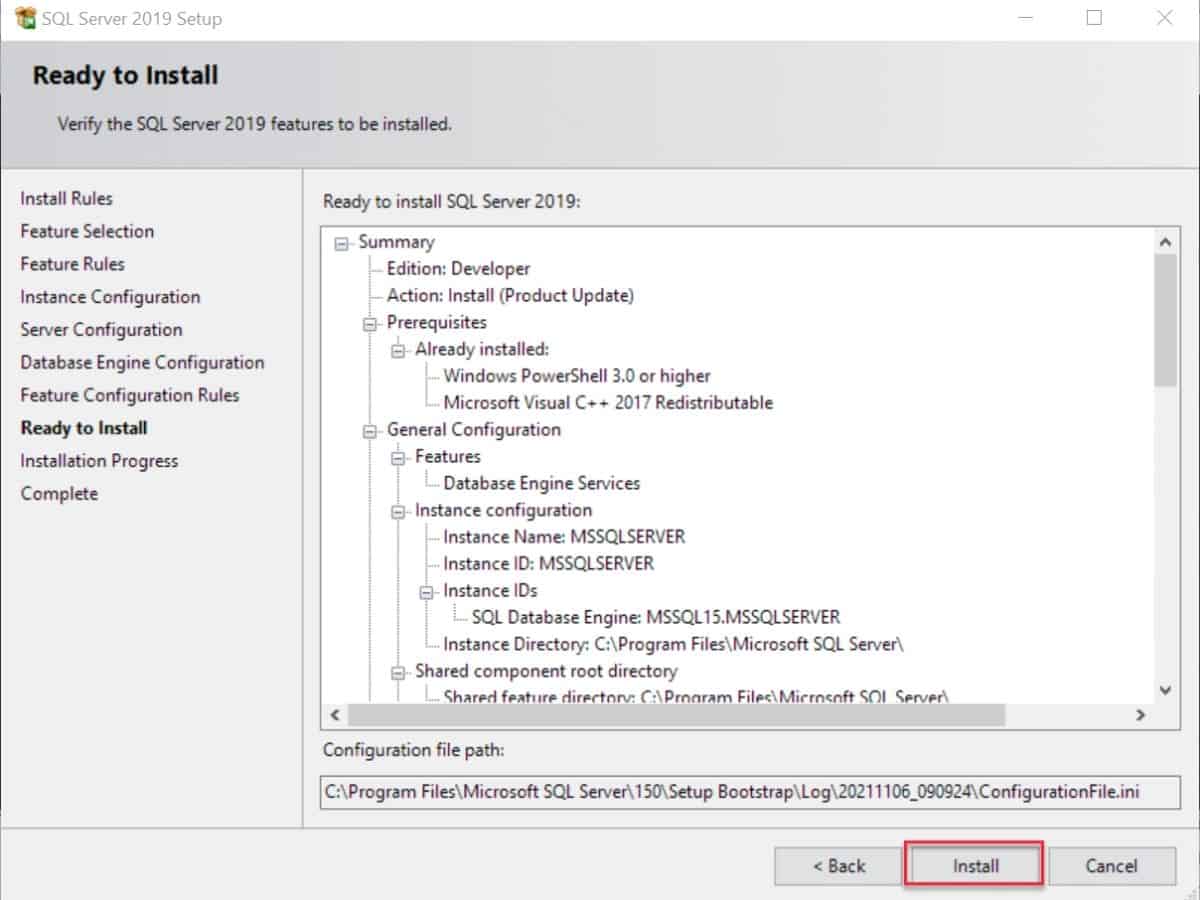 SQL Server installation - Verify the features of SQL Server 2019 to be installed