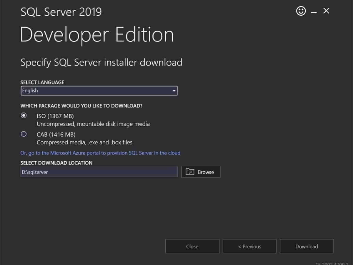 SQL Server installation - Specify the location and download
