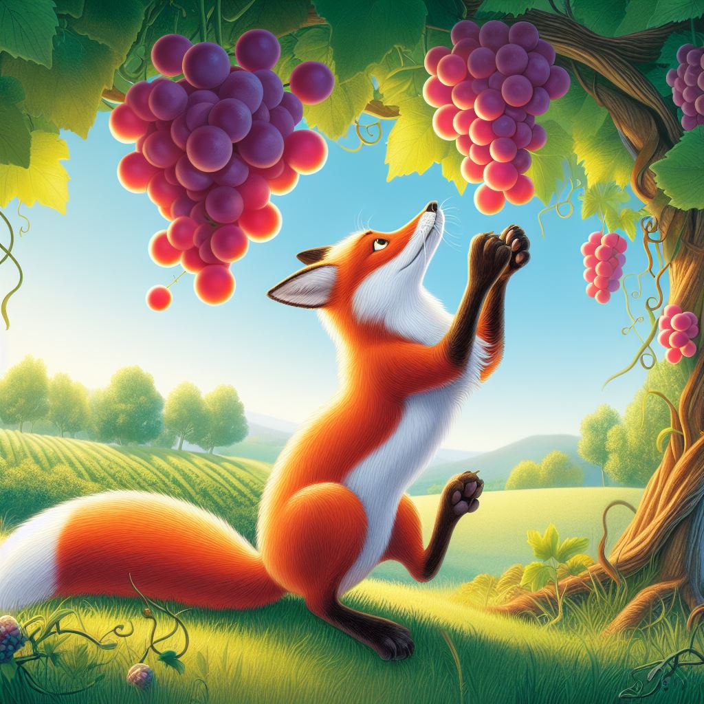 Fox looking at the bunch of juicy grapes hanging from a high branch